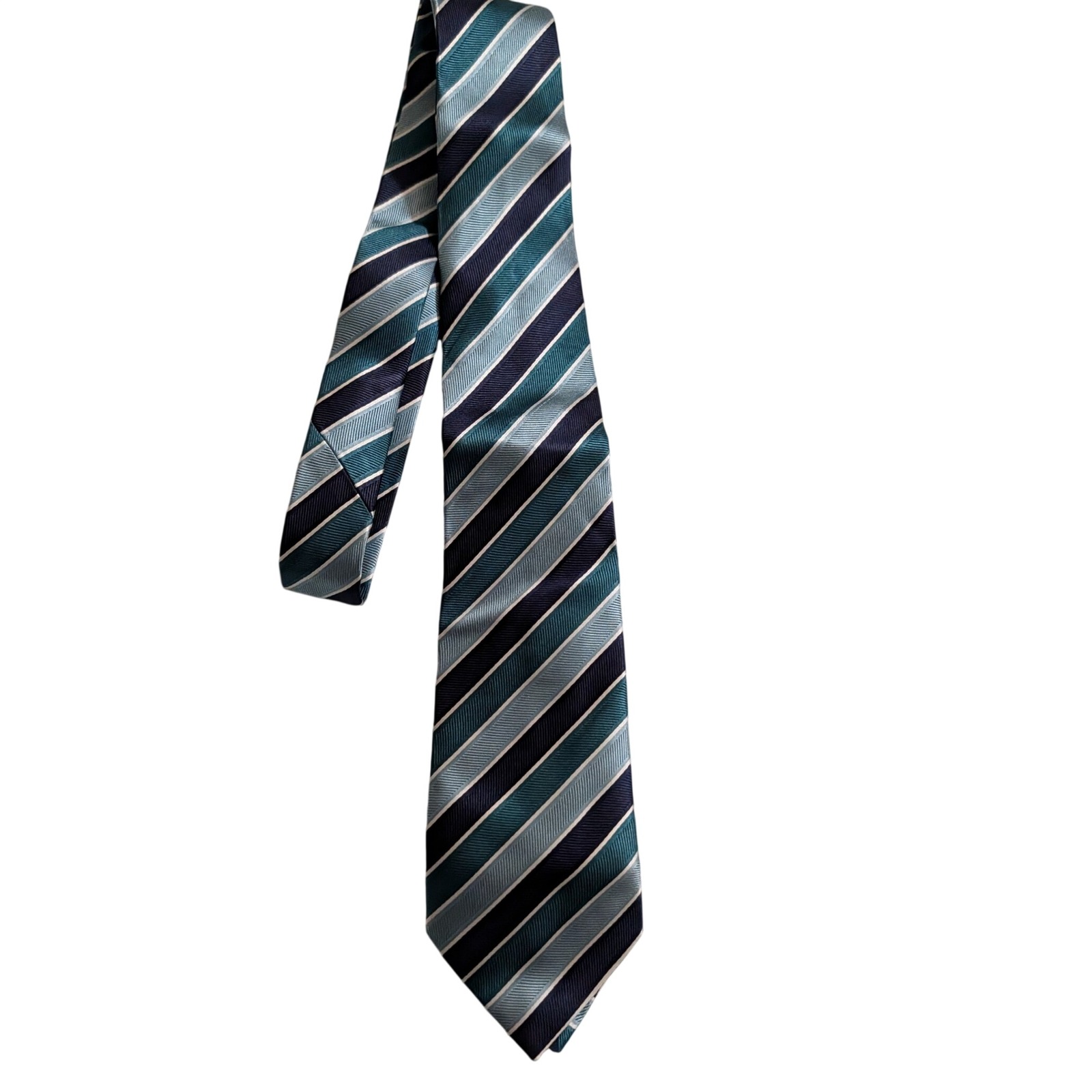Ermenegildo Zegna Mens Silk Tie Teal Navy Blue White Diagonal Stripe Made Italy